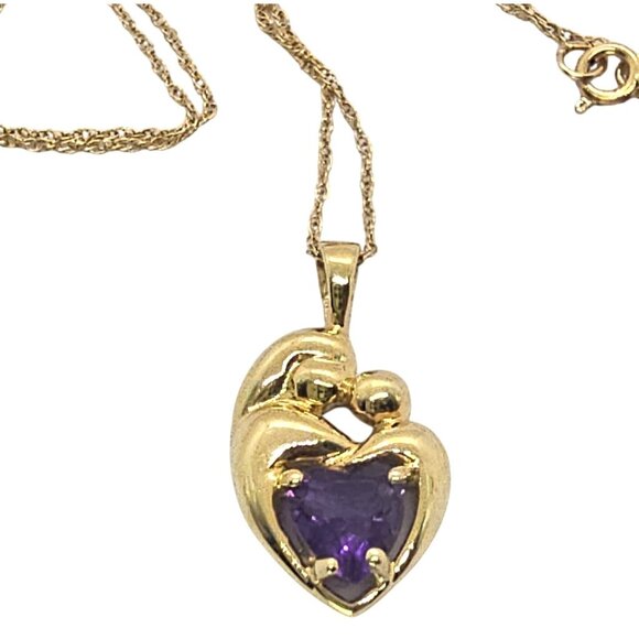 Mother & Child14K Gold Amethyst Heart Pendant Necklace 18" - Picture 8 of 16